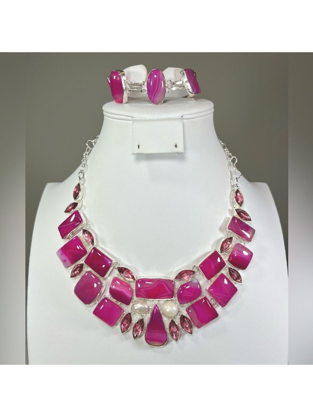 Pink Botswana Agate 925 Large Gemstone Necklace & Bracelet set